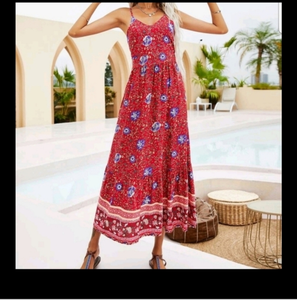 Clearance  Floral Red Maxi Dress100% Cotton Its Open Back